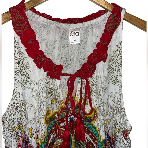 Bila Tank Top Woman's Medium Ivory Red Peasant Ruffle Bohemian Rayon - Picture 3 of 4